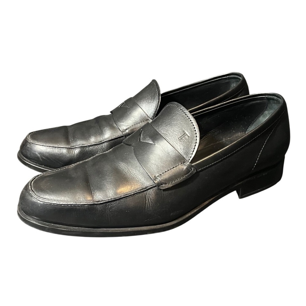 Tods Penny Loafers Mens 9 Black Leather Made in Italy Slip On Dress Shoes